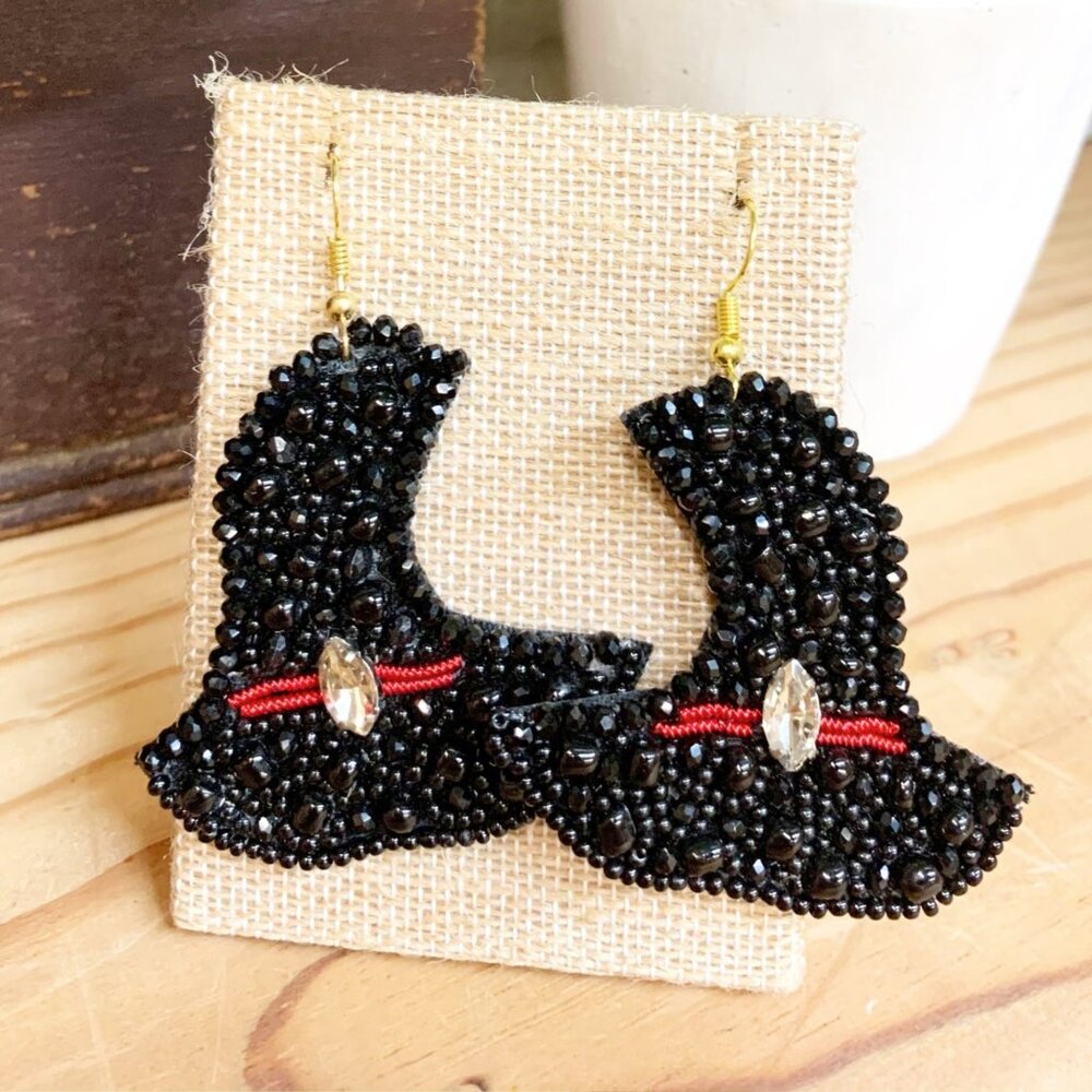 Seed Beaded Black Witch Hat Crystal Halloween Theme Goth Earrings